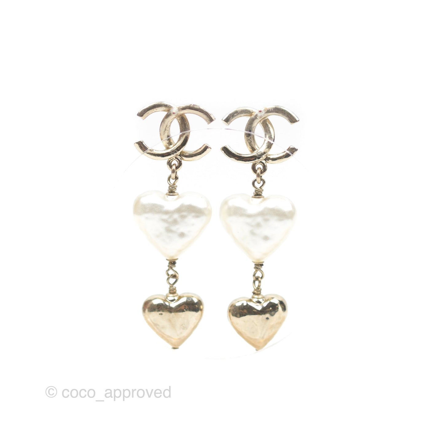 Chanel CC Pearl Heart Drop Earrings Gold Tone 22C
