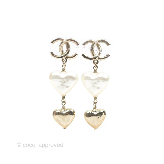 Chanel CC Pearl Heart Drop Earrings Gold Tone 22C