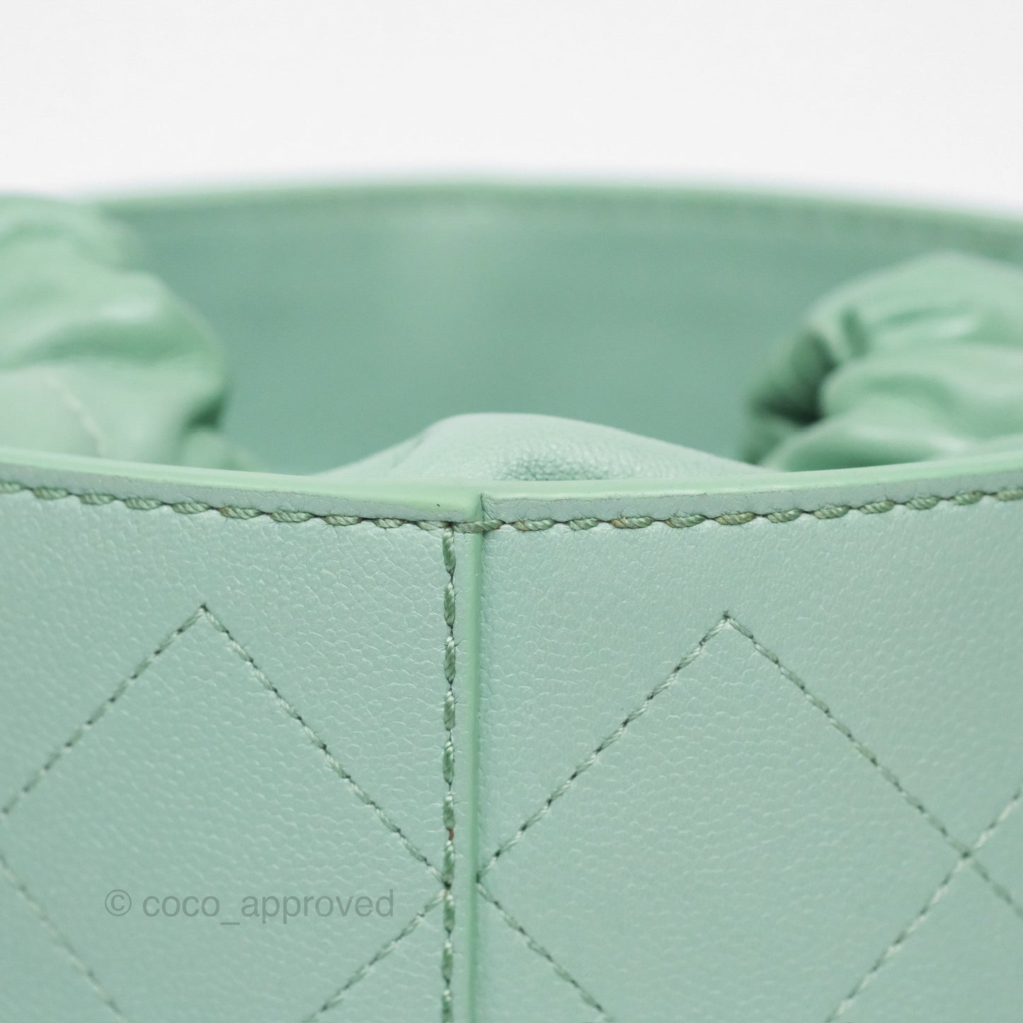 Chanel Drawstring Bucket Bag Quilted Green Caviar Aged Gold Hardware