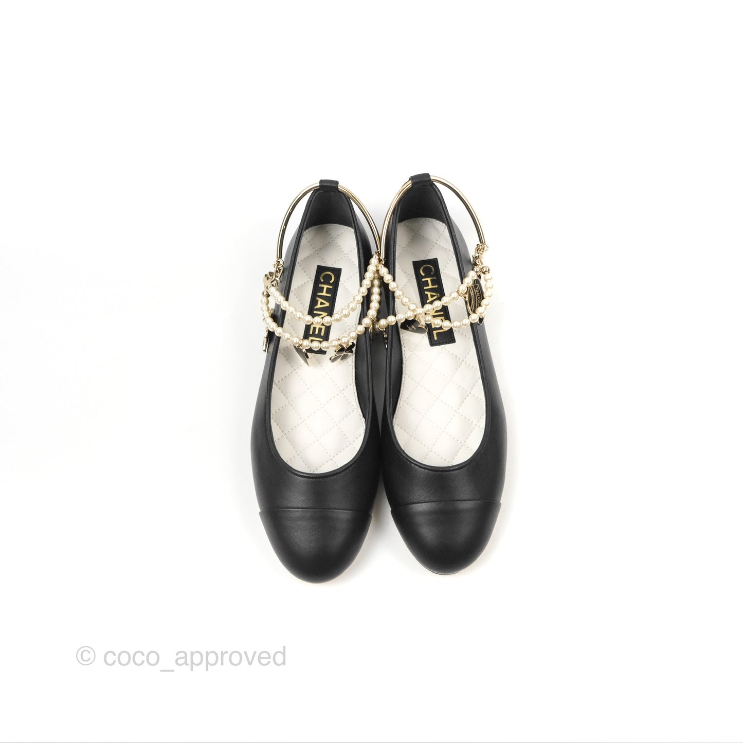 Chanel Ankle Double Pearl Pendant Flat Ballerinas Black Lambskin Size 37