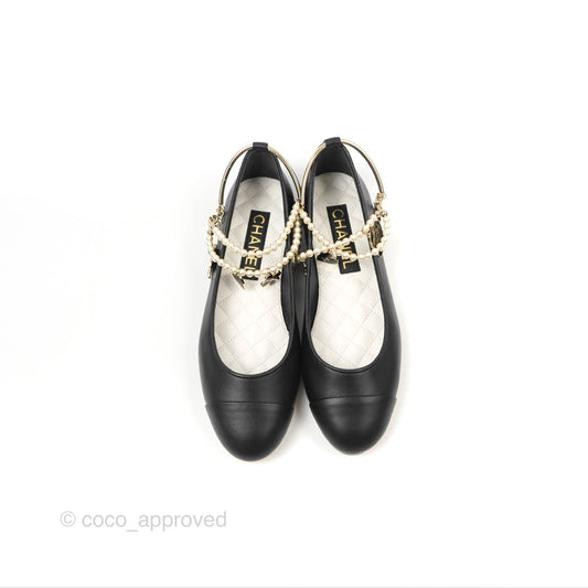 Chanel Ankle Double Pearl Pendant Flat Ballerinas Black Lambskin Size 37