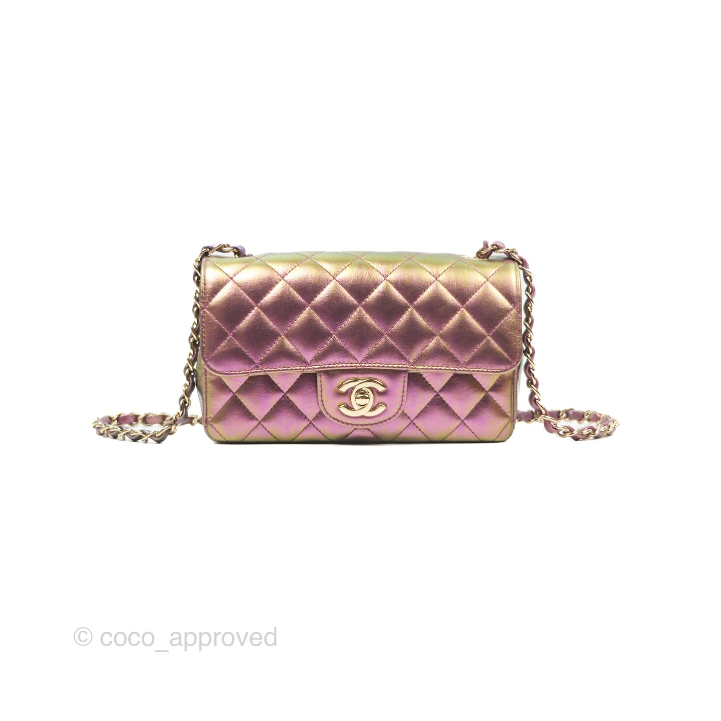 Chanel Classic Quilted Mini Rectangular Flap Metallic Purple Calfskin Gold Hardware