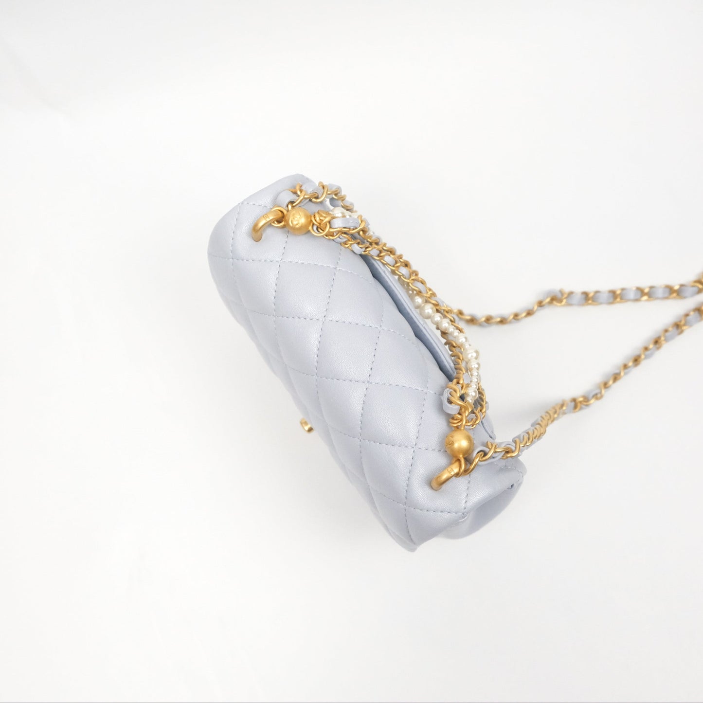 Chanel Pearl Chain Mini Flap Bag Pearly Light Blue Lambskin Aged Gold Hardware 24P