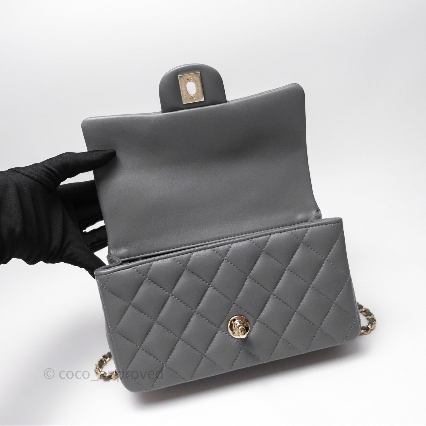 Chanel Top Handle Mini Rectangular Flap Grey Lambskin Gold Hardware