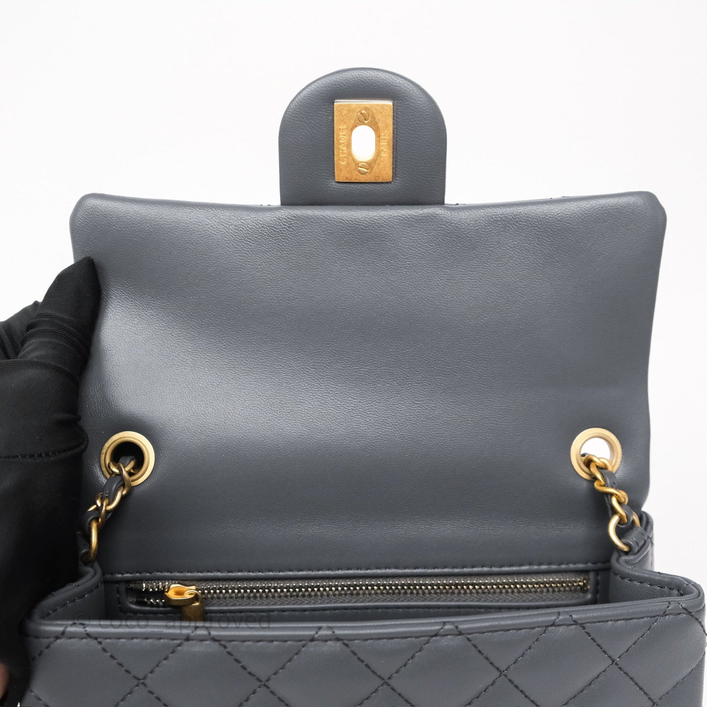 Chanel Pearl Crush Mini Rectangular Quilted Dark Grey Lambskin Aged Gold Hardware