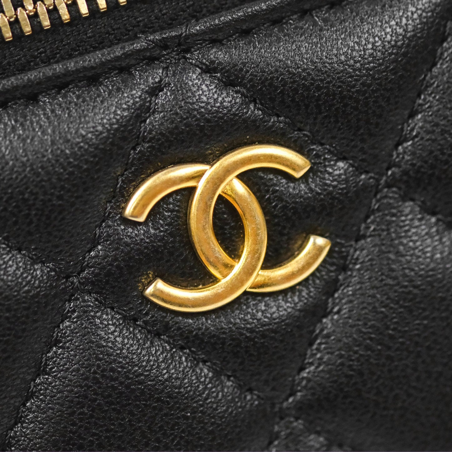 Chanel Vanity Rectangular Metal Top Handle Black Lambskin Aged Gold Hardware 22B