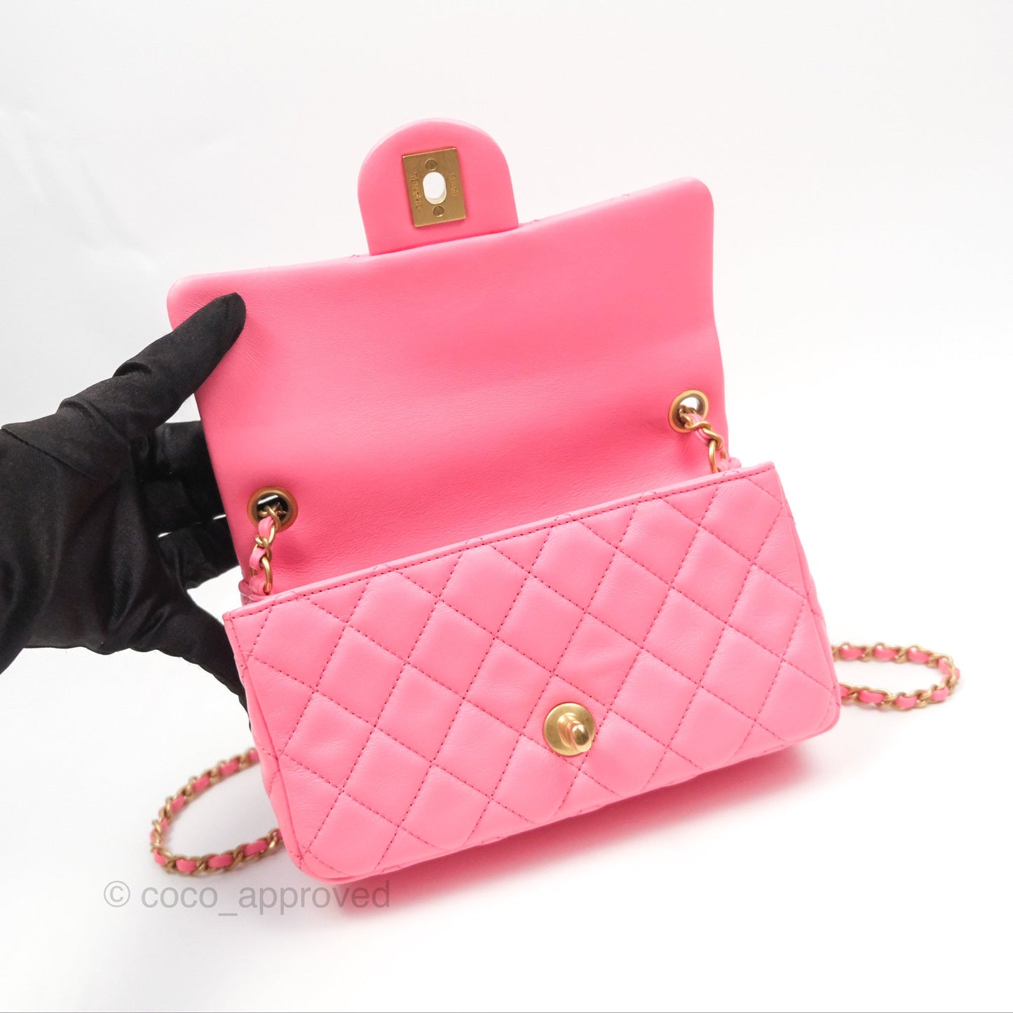 Chanel Mini Rectangular Pearl Crush Quilted Pink Lambskin Aged Gold Hardware