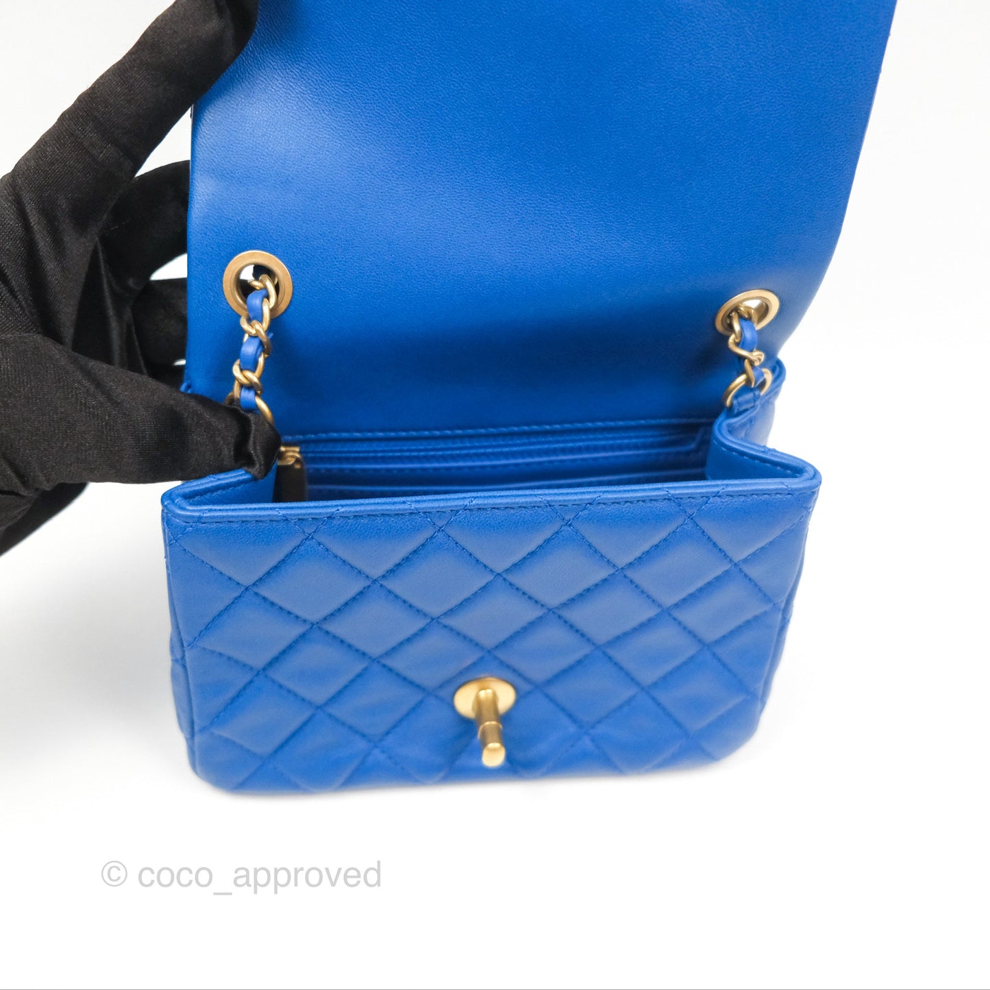 Chanel Pearl Crush Mini Square Quilted Blue Lambskin Aged Gold Hardware