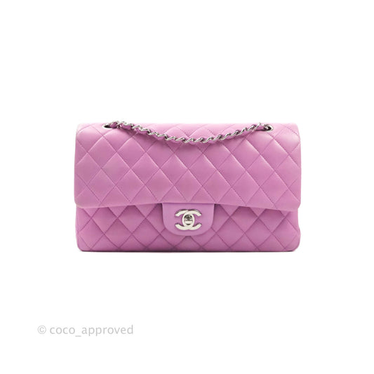 Chanel Classic M/L Medium Double Flap Purple Lambskin Silver Hardware