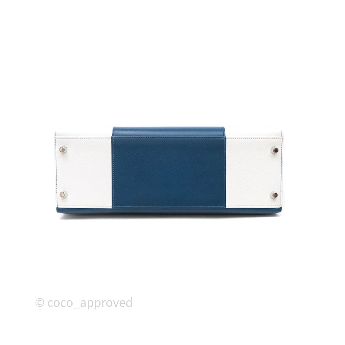 Hermès Kelly 32 Sellier Bleu Thalassa 7A/ White Epsom Palladium Hardware