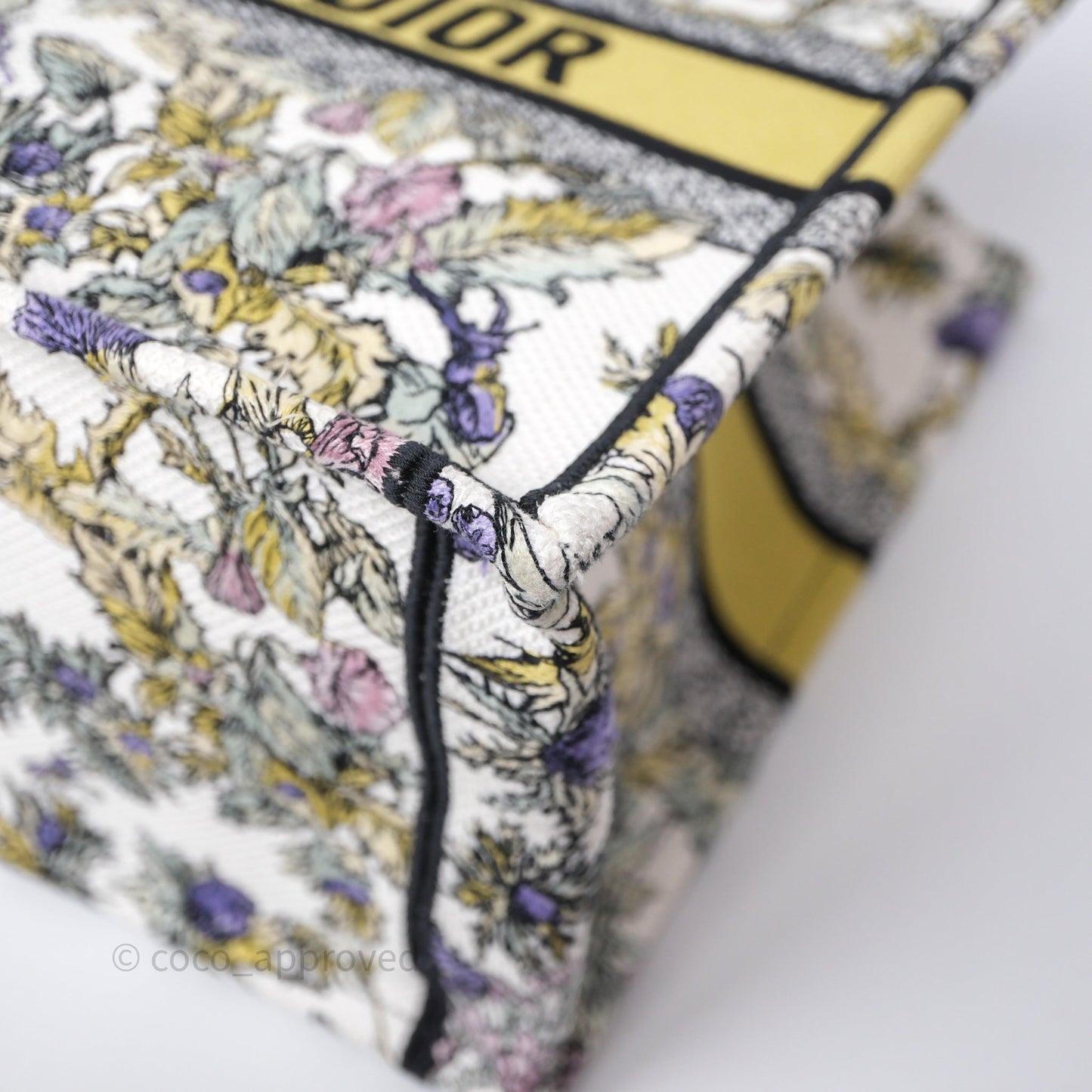 Christian Dior Medium (Old Small) Book Tote Latte Embroidery with Yellow Multicolor Dior Chardons Motif
