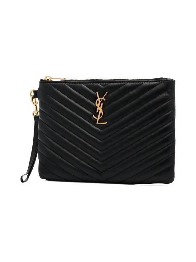 Luxury Saint Laurent Matelasse Monogram Logo Strap Clutch Bag Black