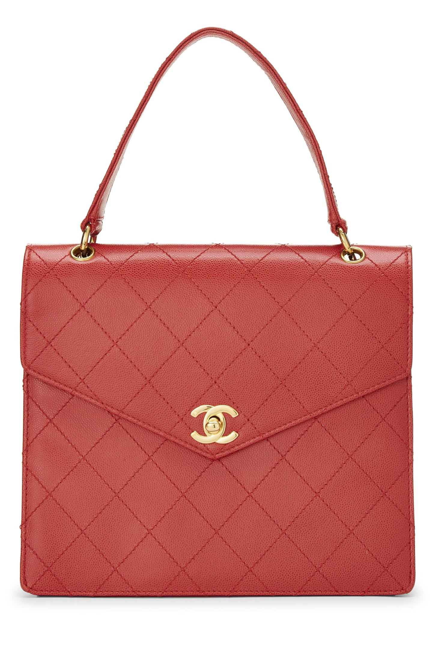 Chanel,  Red Quilted Caviar Envelope Flap Top Handle Bag, Red