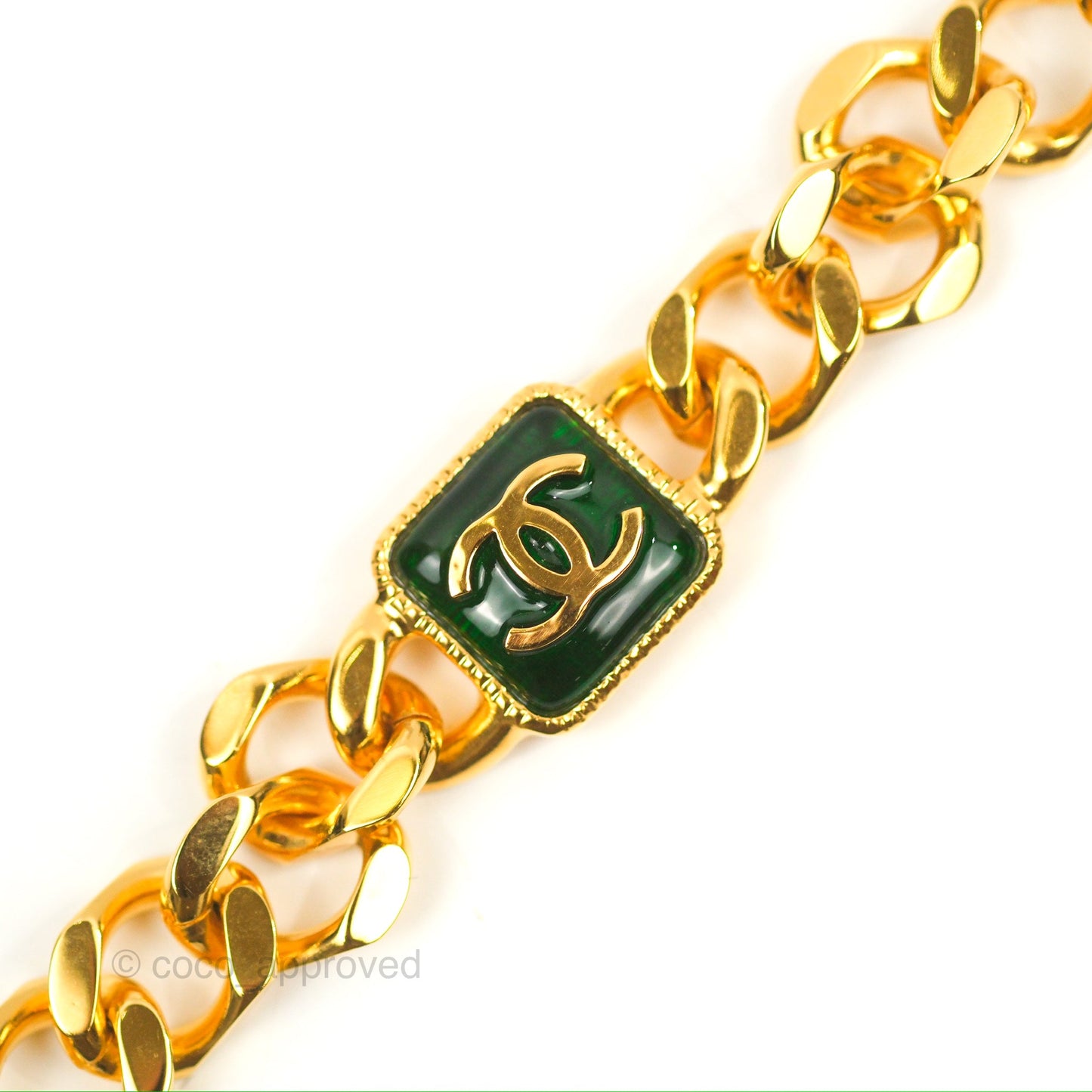 Chanel Chain CC Green Resin Bracelet Gold Tone 20K