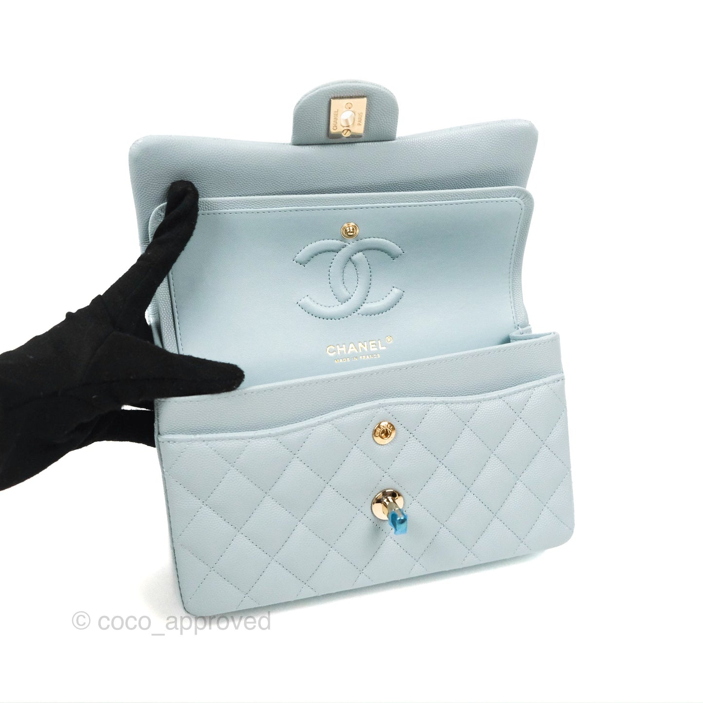 Chanel Small Classic Quilted Flap Light Blue Caviar Gold Hardware 22P