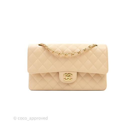 Chanel M/L Medium Double Flap Bag Beige Caviar Gold Hardware