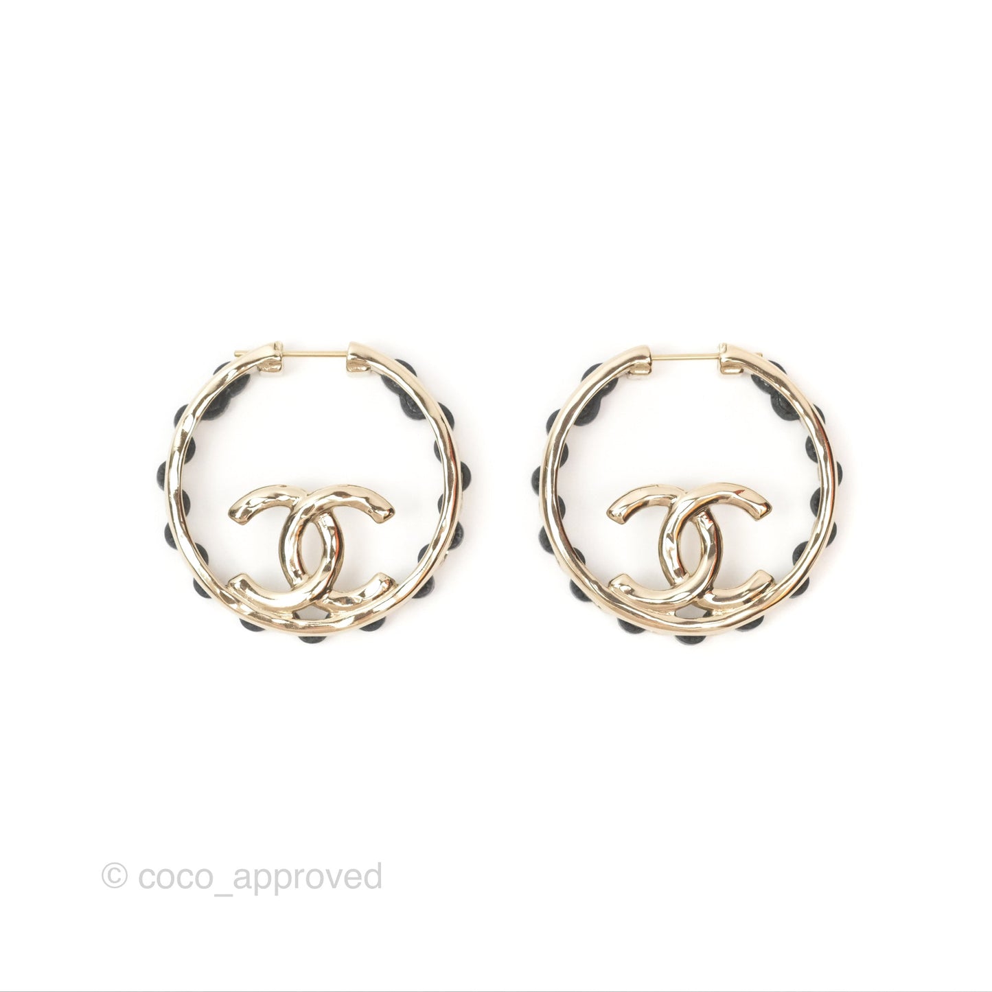 Chanel Gold Hoop Black Leather CC Earrings 22P