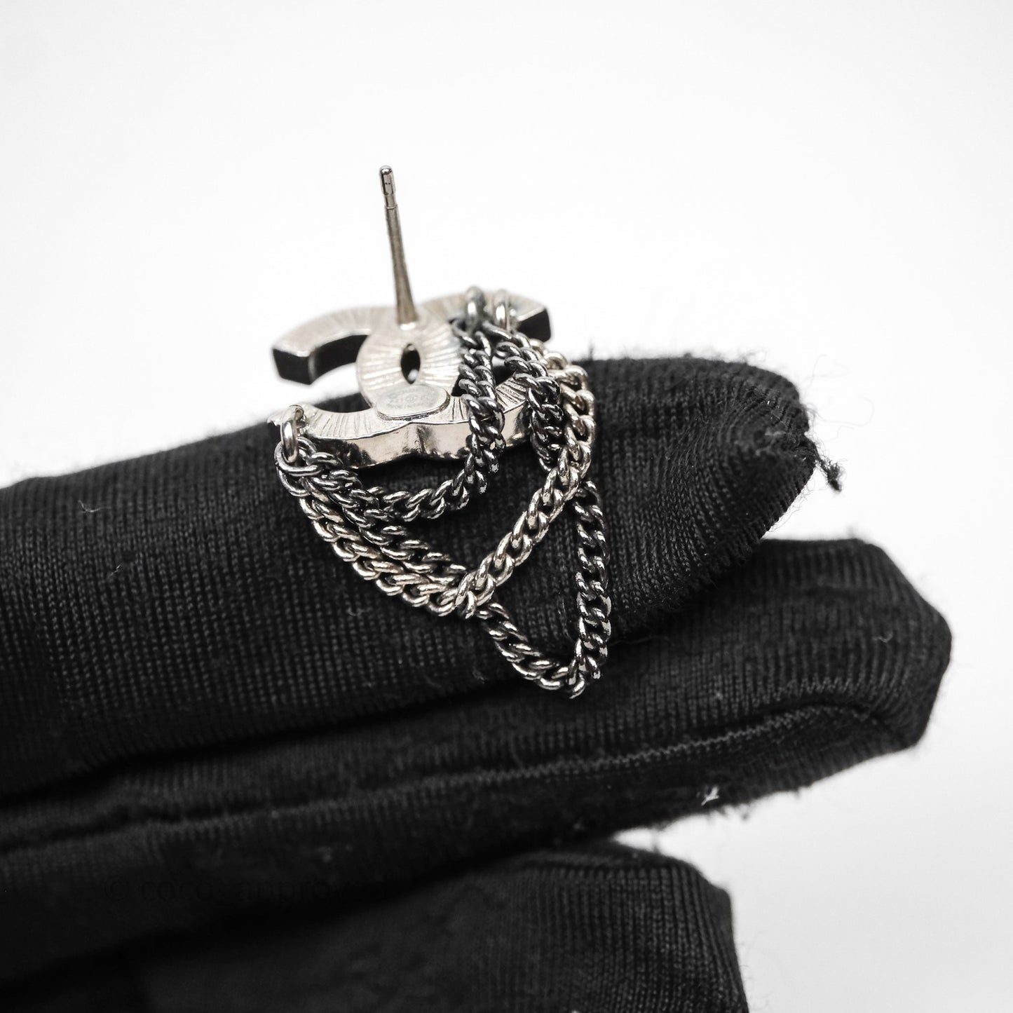 Chanel CC Crystals Chains Drop Earrings Silver Tone 21B