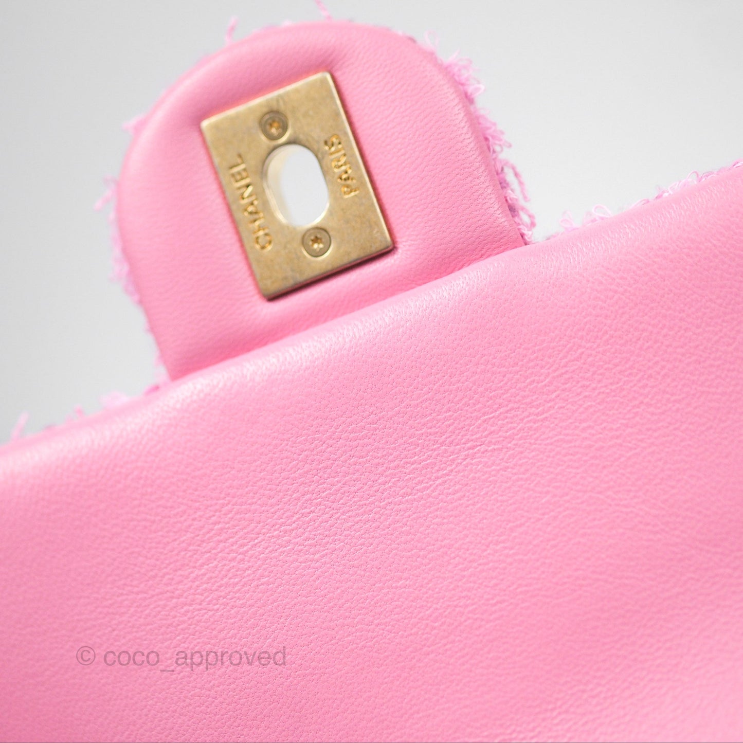 Chanel Mini Flap Bag with Pearl Chain Pink Tweed Aged Gold Hardware
