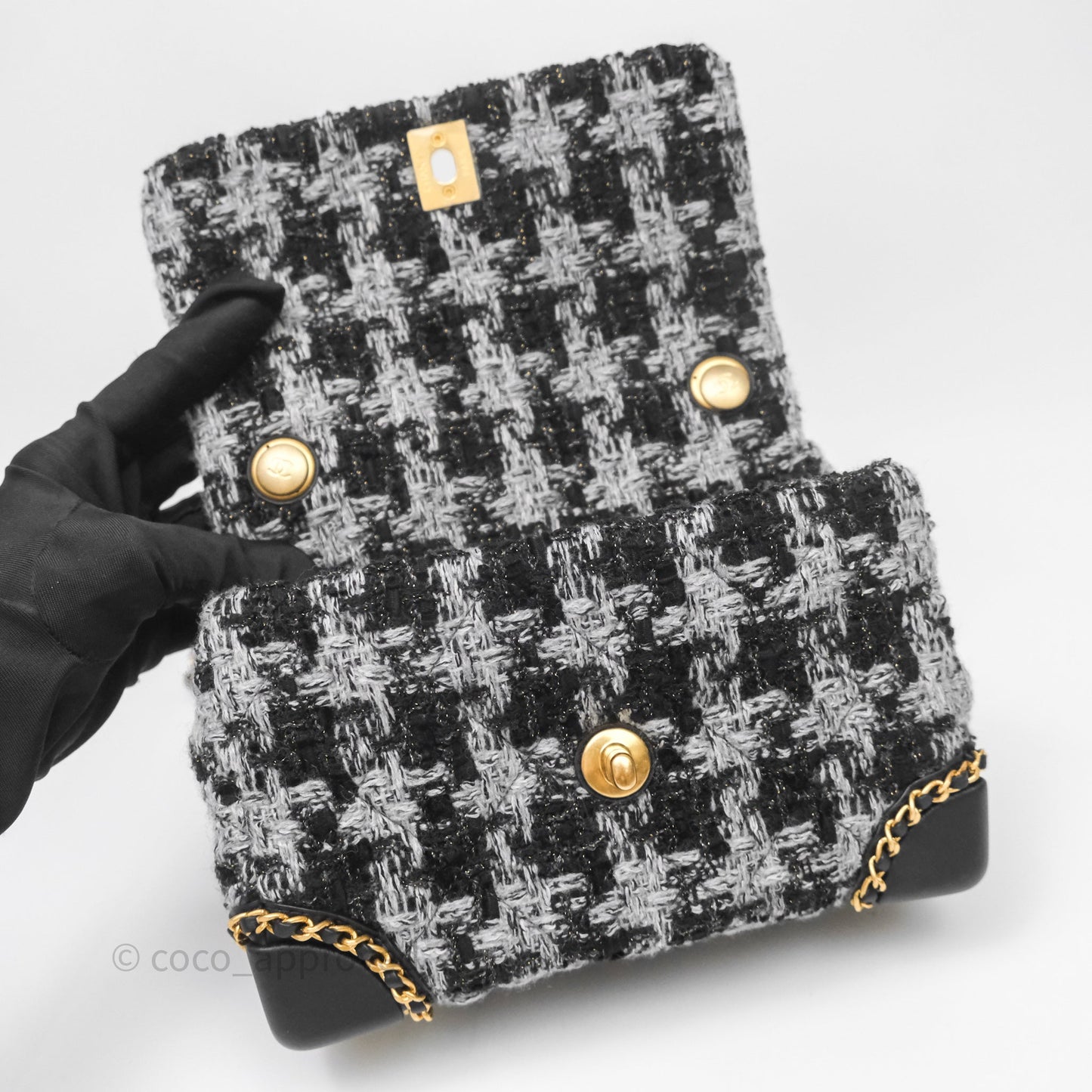Chanel Mini Flag Bag Black & Grey Tweed Aged Gold Hardware