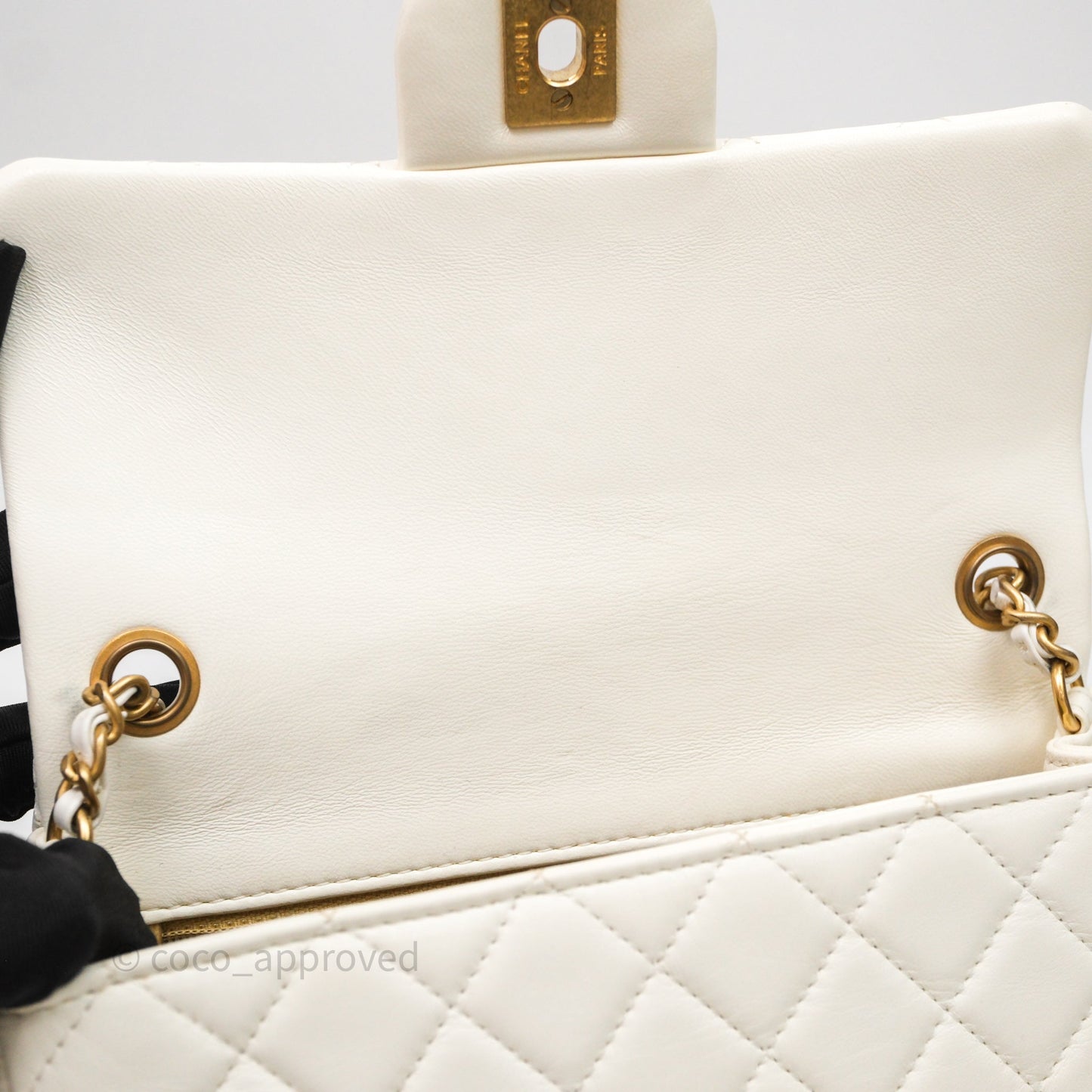 Chanel Mini Rectangular Pearl Crush White Lambskin Aged Gold Hardware