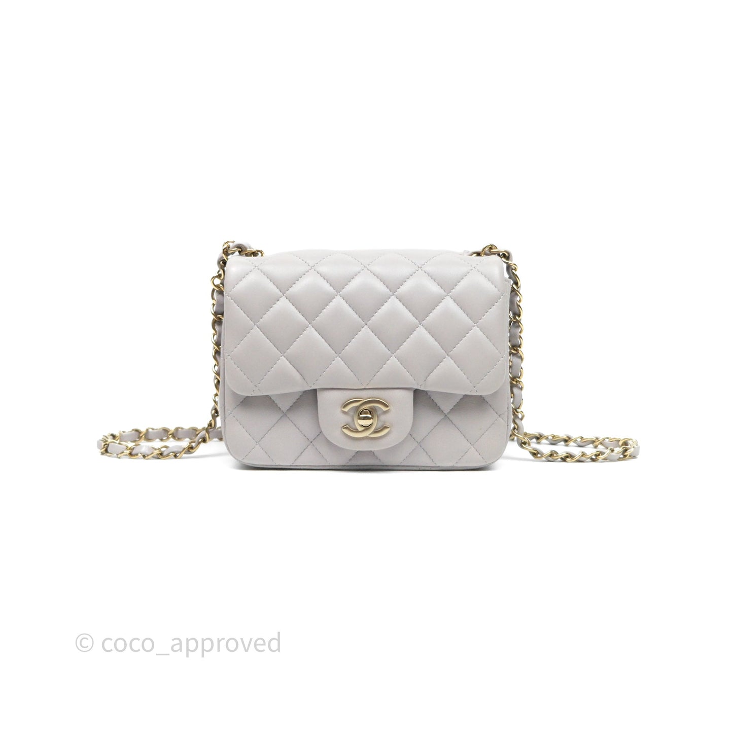 Chanel Mini Square Flap Quilted Light Grey Lambskin Gold Hardware