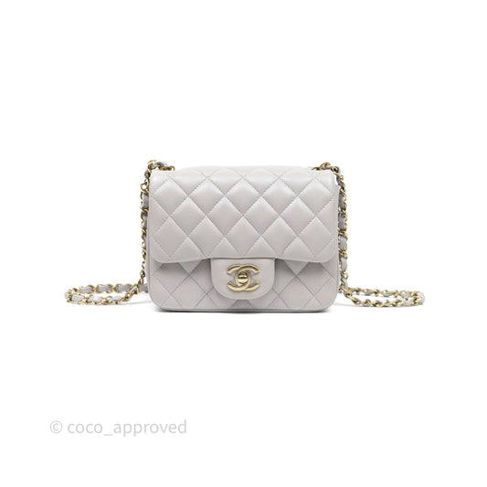 Chanel Mini Square Flap Quilted Light Grey Lambskin Gold Hardware