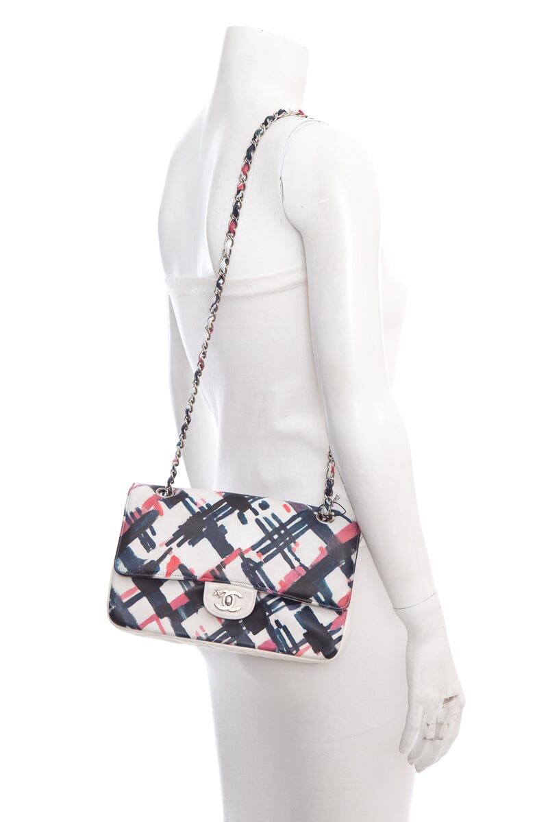 Luxury Chanel 2016 Blue and White Painted Print Lambskin Airline Classic Double Flap