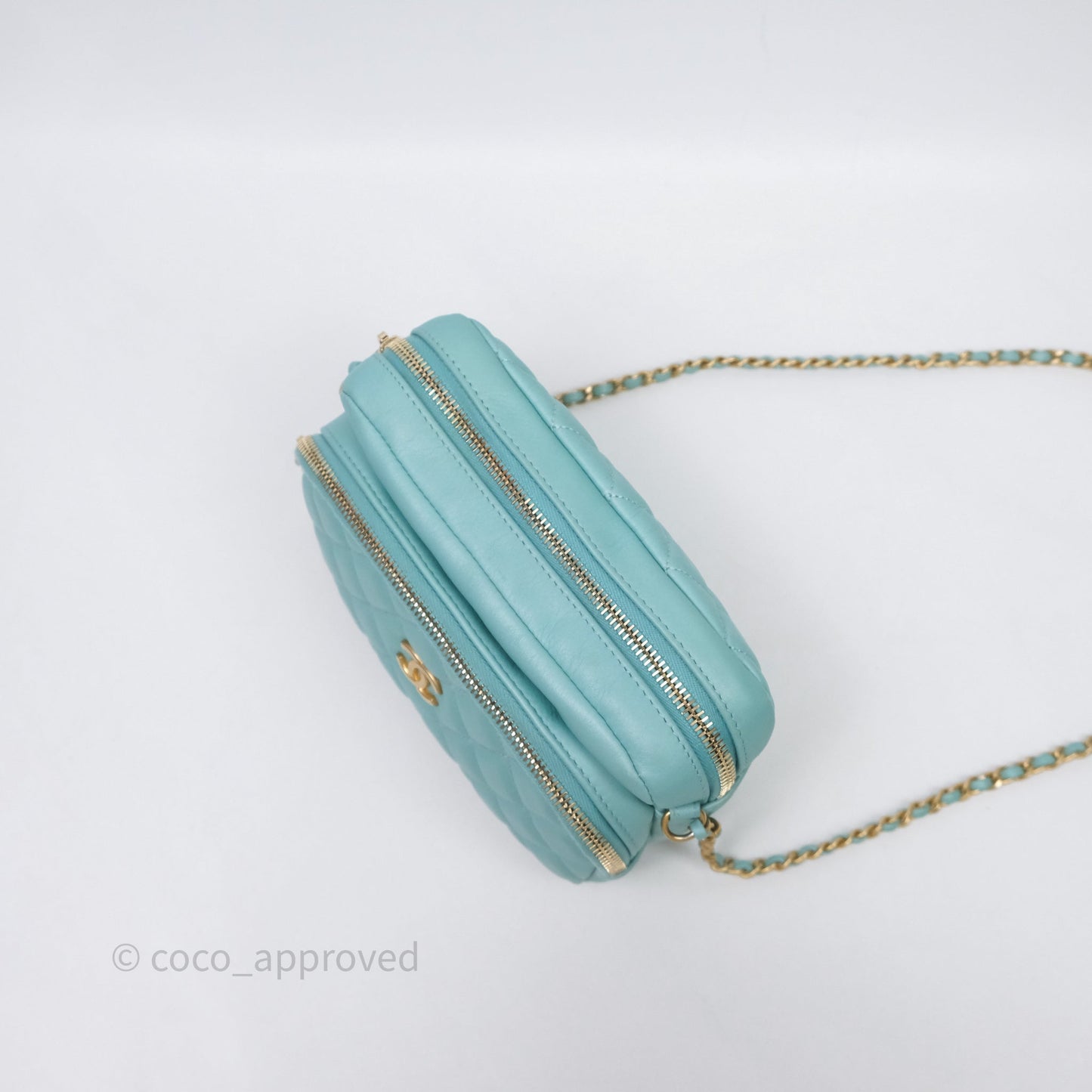 Chanel Camera Bag Quilted Pearly Turquoise Lambskin Aged Gold Hardware