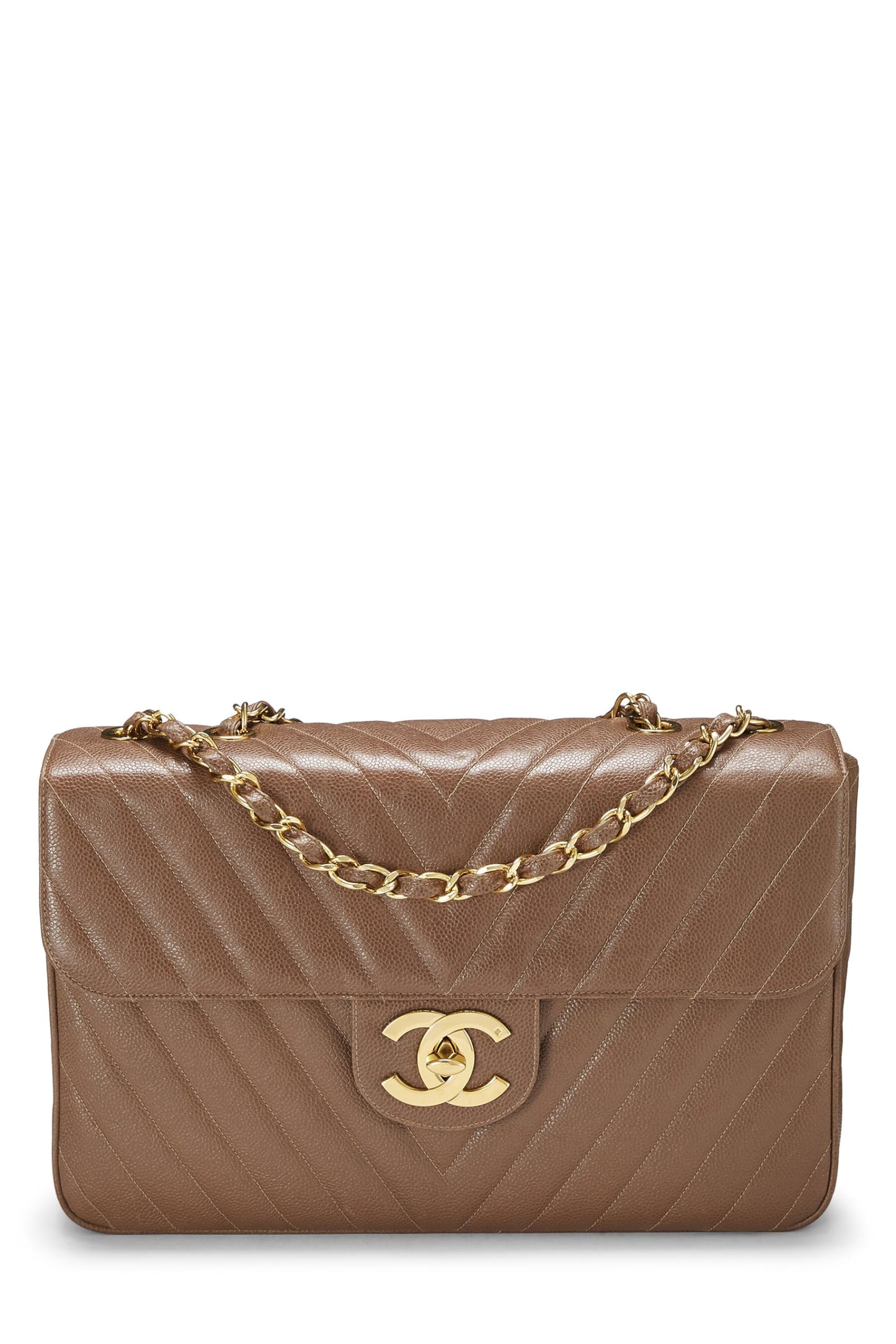 Chanel,  Brown Chevron Caviar Half Flap Maxi, Brown