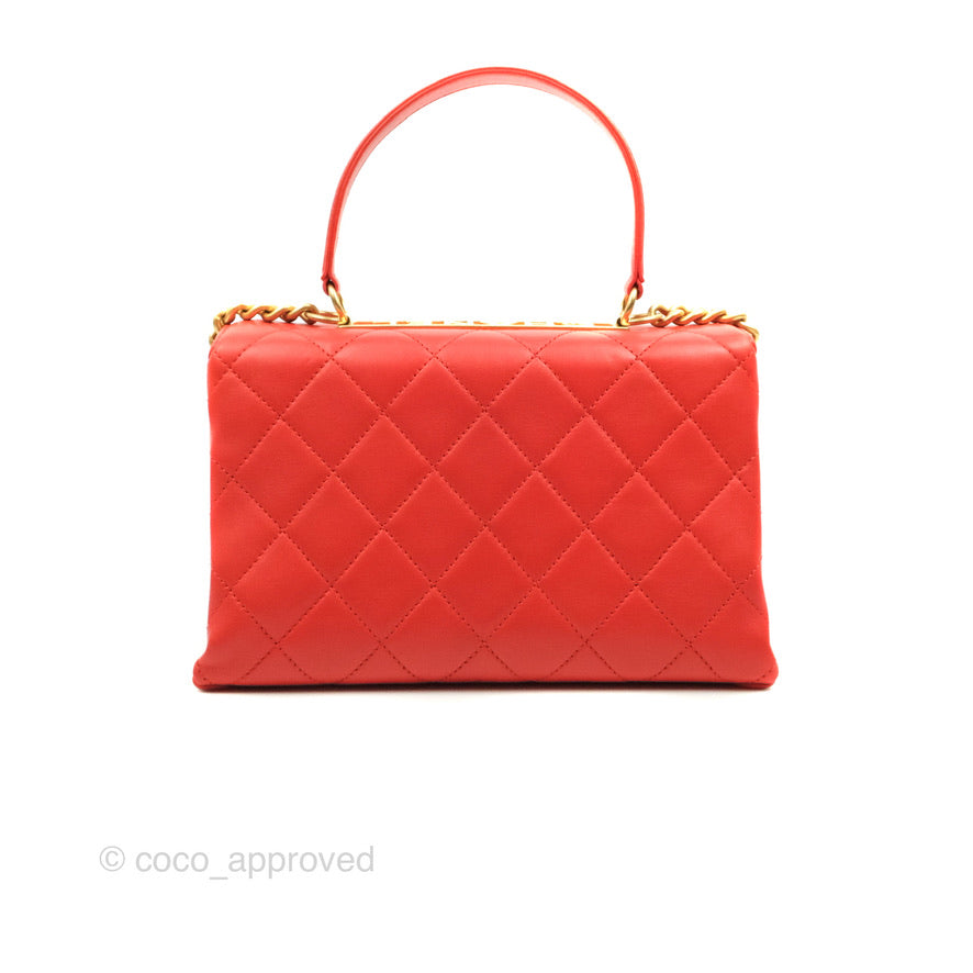 Chanel Top Handle Flap Bag Red Lambskin Aged Gold Hardware