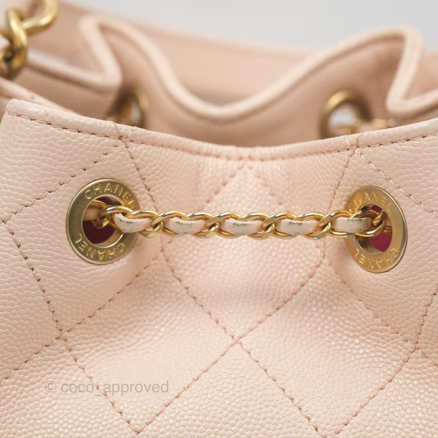 Chanel Quilted Top Handle Drawstring Bucket Bag Pink Caviar Aged Gold Hardware