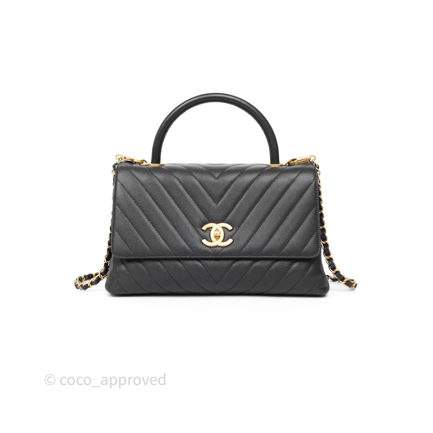 Chanel Medium Coco Handle Chevron Dark Grey Caviar Aged Gold Hardware
