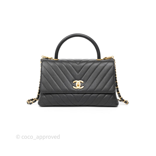Chanel Medium Coco Handle Chevron Dark Grey Caviar Aged Gold Hardware