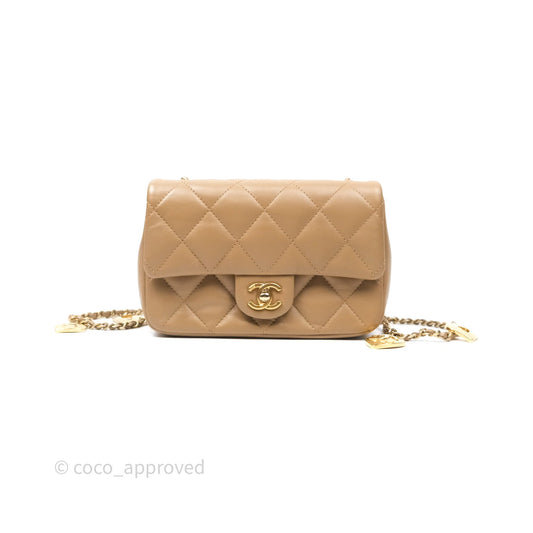 Chanel Mini Flap Bag With Heart CC Charm Dark Beige Lambskin Aged Gold Hardware