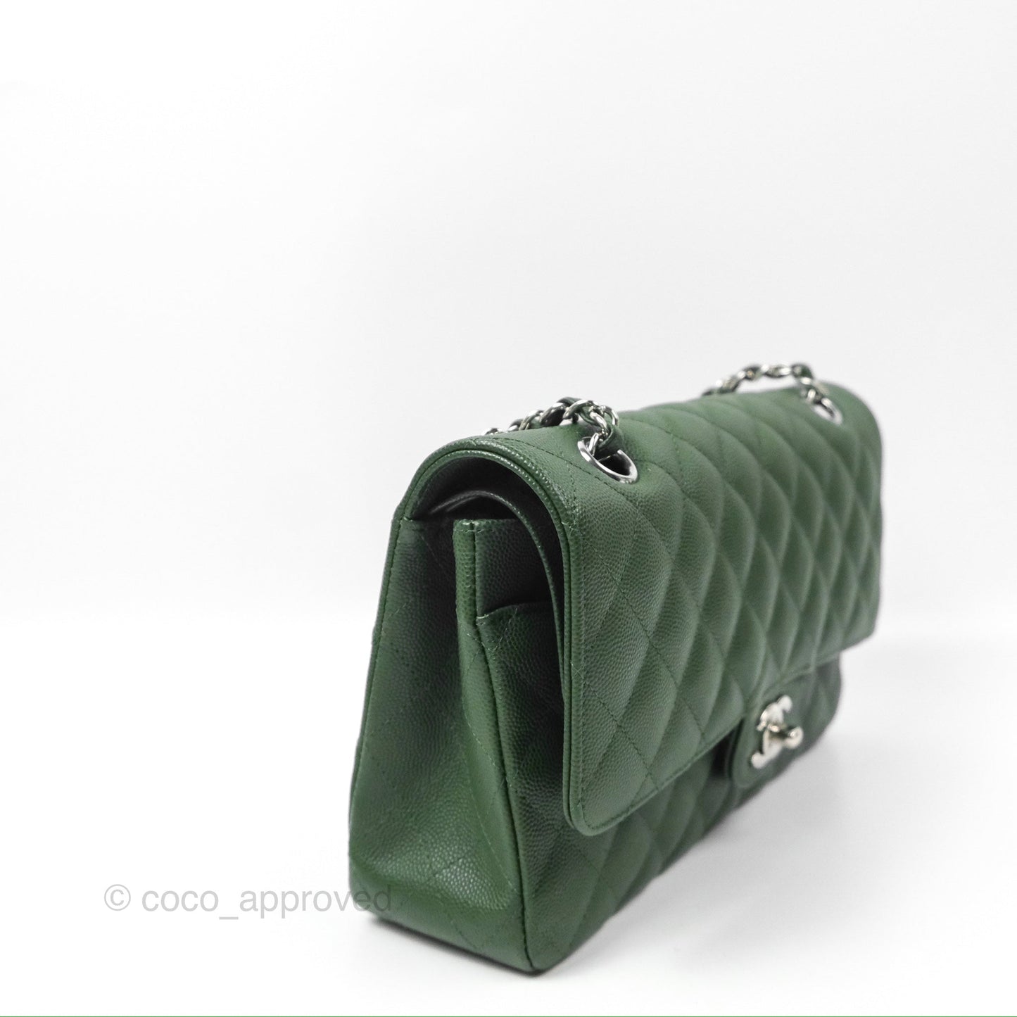 Chanel Classic M/L Medium Flap Quilted Dark Green Caviar Silver Hardware