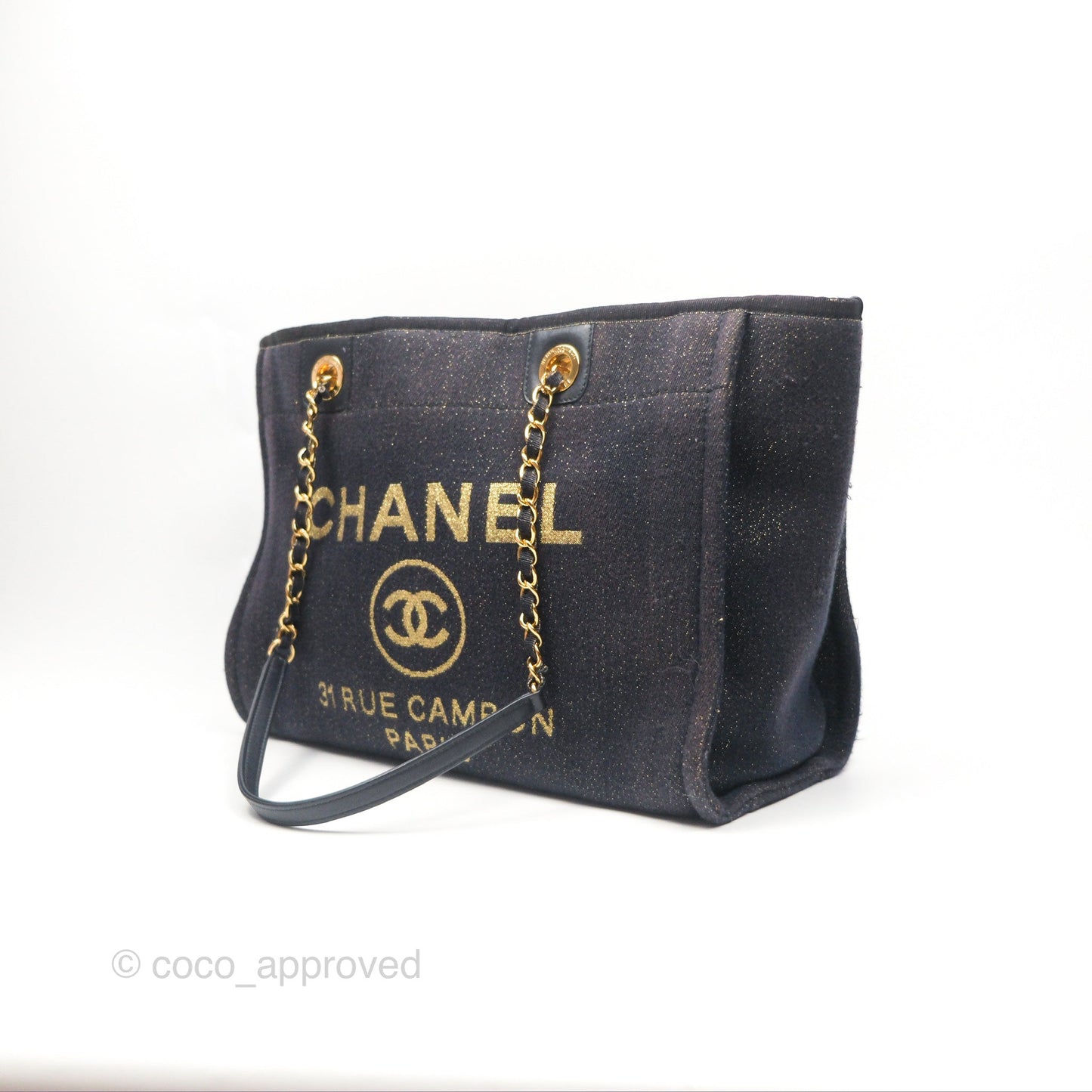 Chanel Medium Deauville Tote Navy Glitter Canvas Gold Hardware