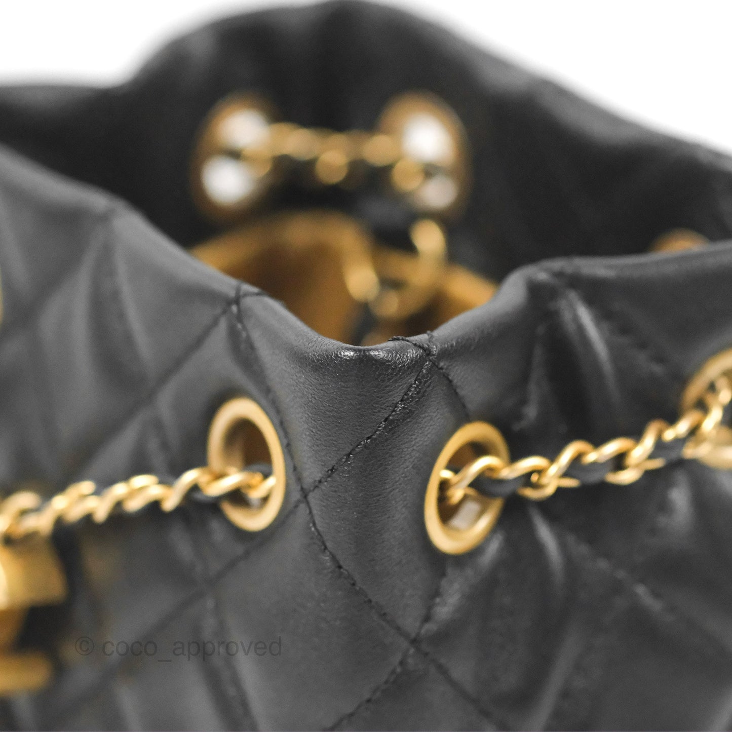 Chanel Pearl Crush Bucket Bag Black Lambskin Aged Gold Hardware