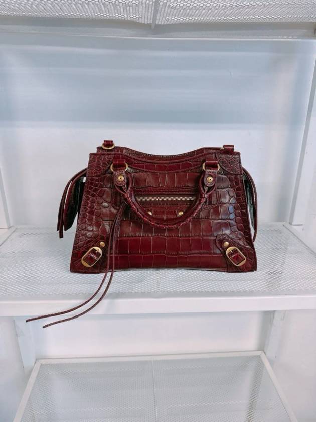 Luxury Balenciaga Women s Burgundy Neo Classic Croc Calf Leather Mini City Bag 638524 23EF1 6526