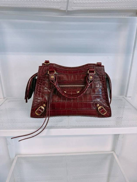 Luxury Balenciaga Women s Burgundy Neo Classic Croc Calf Leather Mini City Bag 638524 23EF1 6526