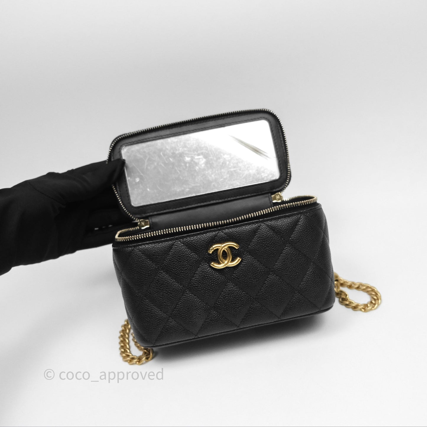 Chanel Vanity with Heart Adjustable Chain Black Caviar Aged Gold Hardware