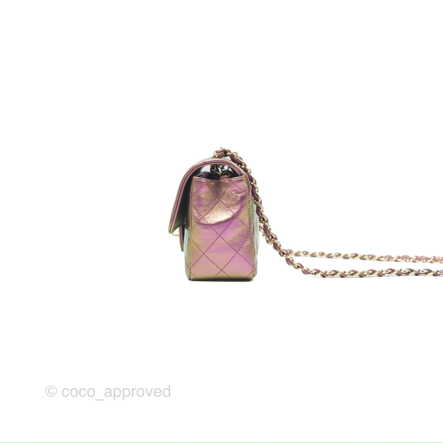 Chanel Classic Quilted Mini Rectangular Flap Metallic Purple Calfskin Gold Hardware