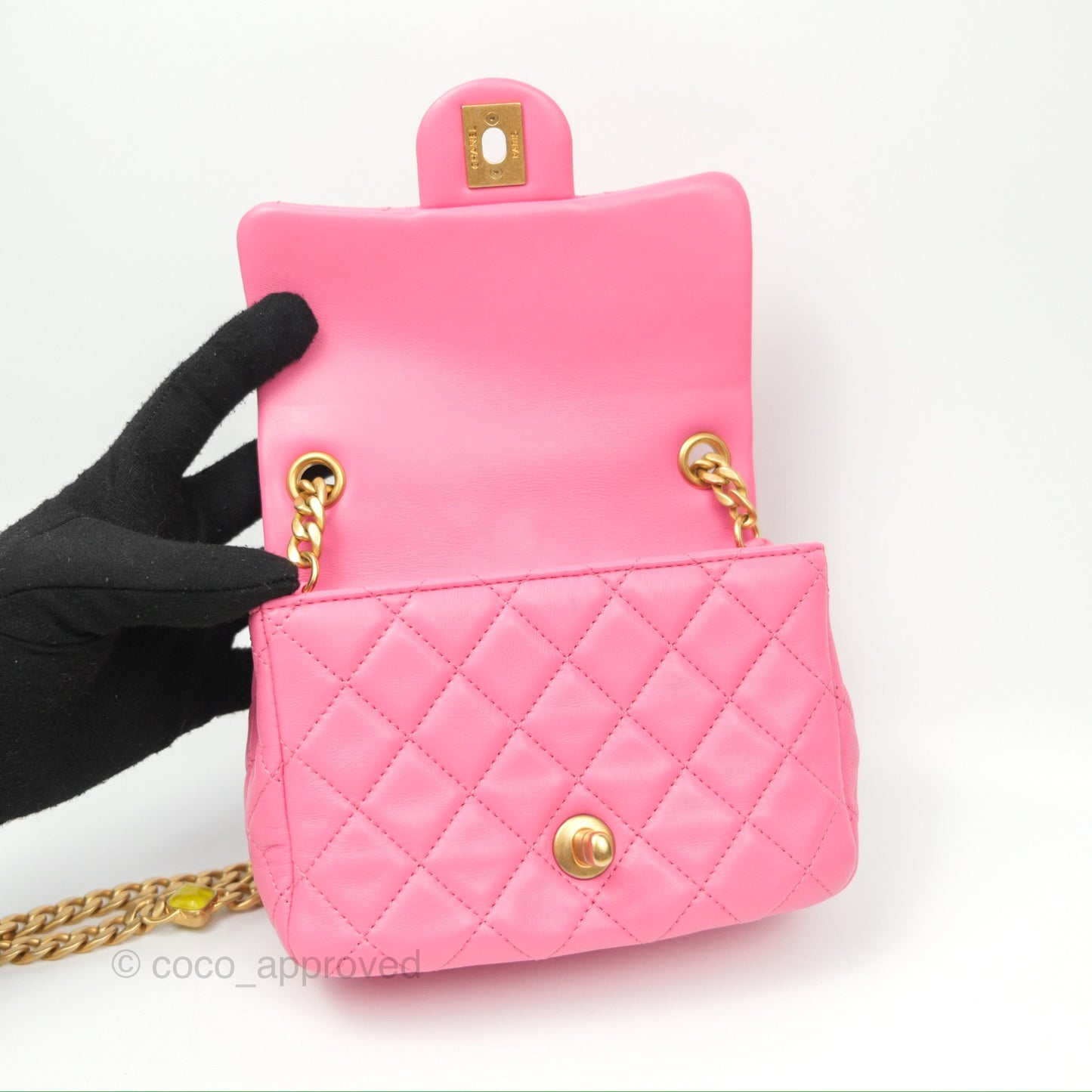 Chanel Mini Pearl Samba Square Flap Pink Lambskin Aged Gold Hardware 21P