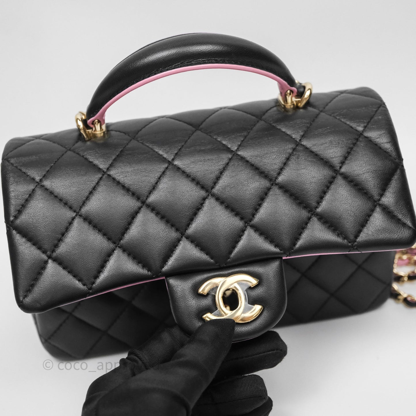 Chanel Top Handle Mini Rectangular Flap Black/Pink Lambskin Gold Hardware 23P