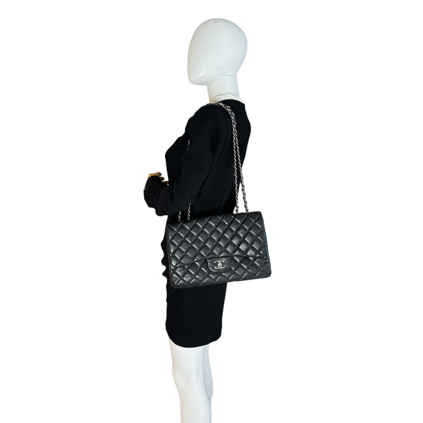 Luxury Chanel Classic Single Flap Jumbo Black Lambskin Silver