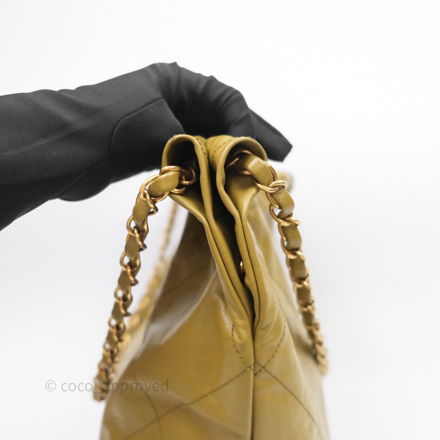 Chanel 22 Bag Medium Crumpled Olive Green Calfskin Aged Gold Hardware