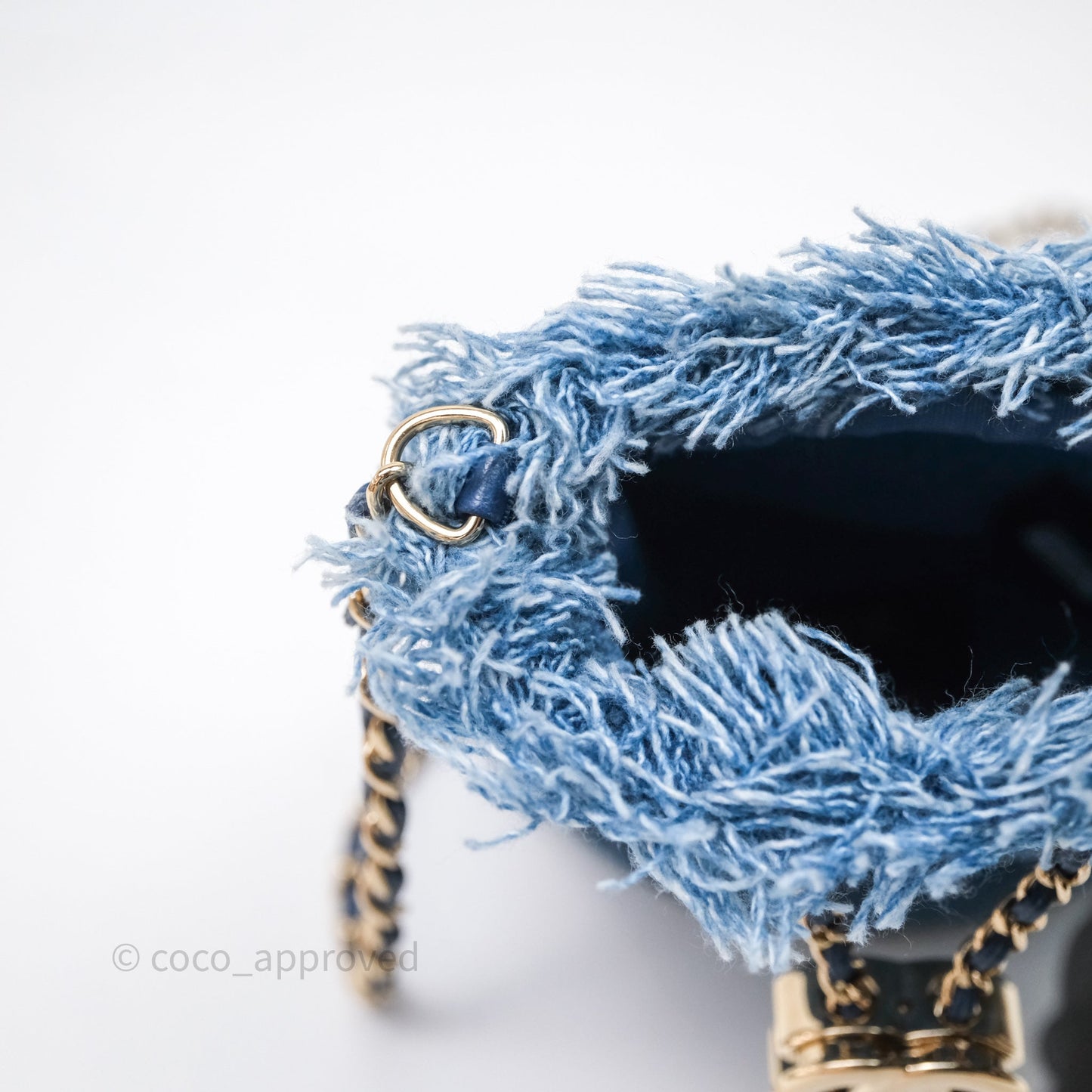 Chanel Mood Denim Mini Bucket Bag with Chain Blue Gold Hardware