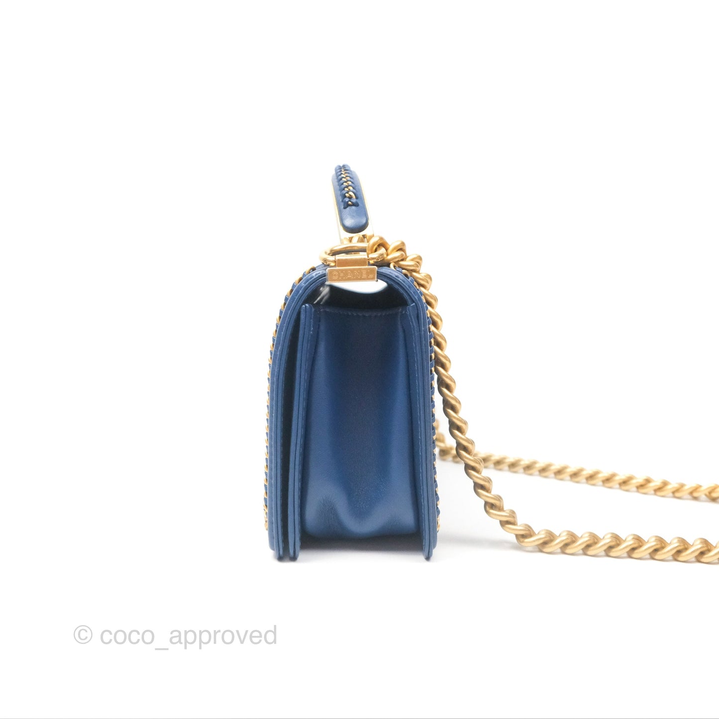 Chanel Quilted Medium Boy With Handle Dark Blue Calfskin Aged Gold Hardware