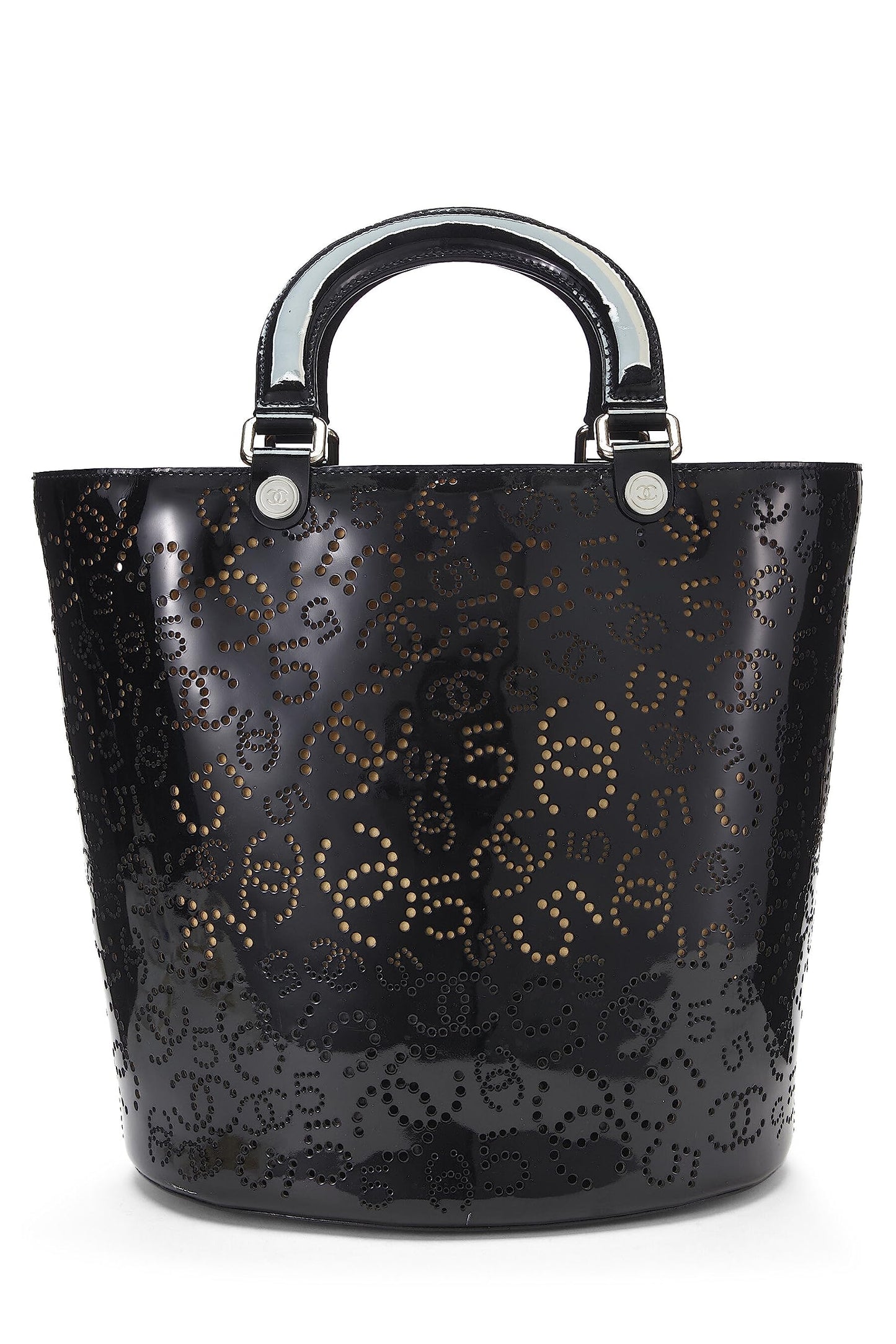 Chanel,  Black Perforated Patent Leather Vertical Bucket Tote, Black