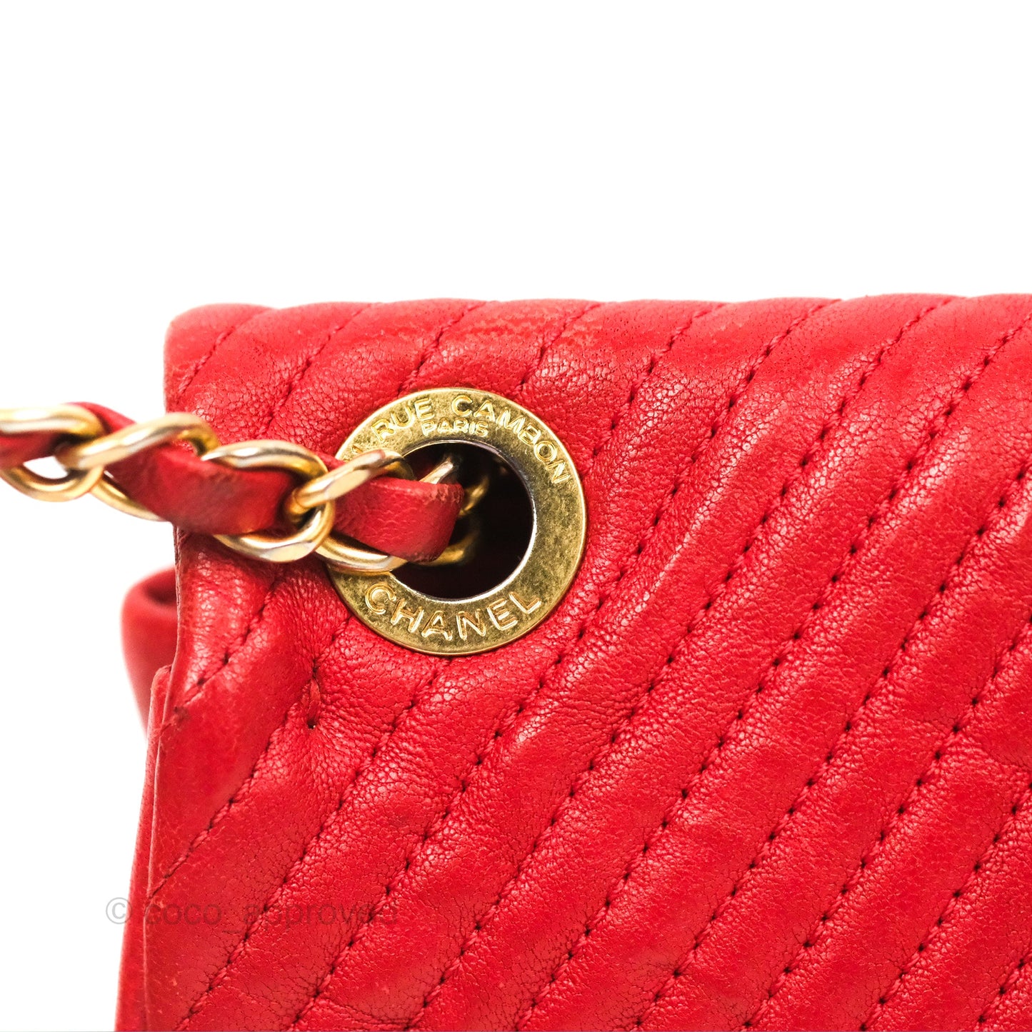 Chanel Small Chevron Surpique Flap Red Calfskin Aged Gold Hardware